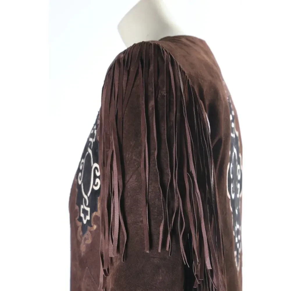 Vintage Brown Suede Fringe Western Jacket XS Boho Embroidered Statement Piece - Picture 9 of 16